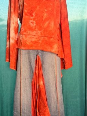 Tie-Dye Red Orange Long Sleeve Top with Jean skirt .